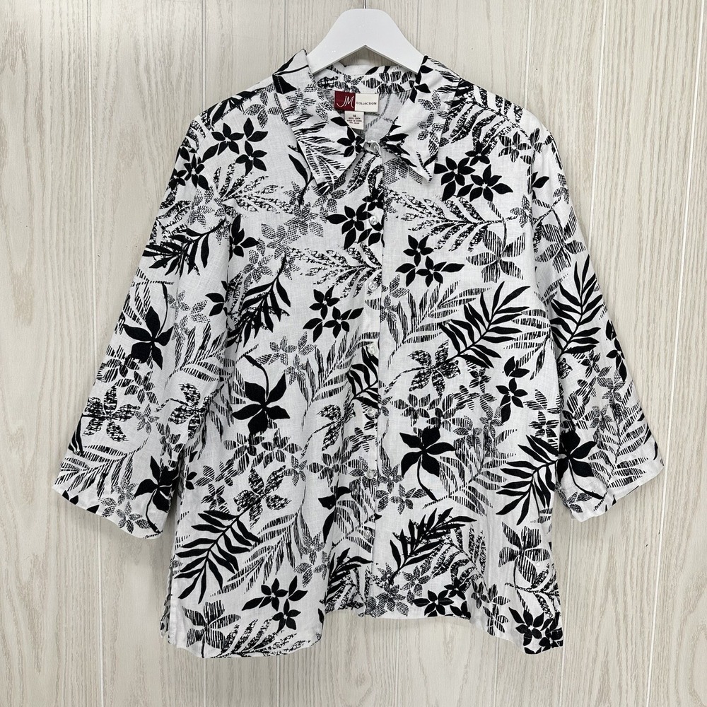 JM Collection Tunic Blouse Women 14 Black Floral Button Up 100% Linen 3/4 Sleeve